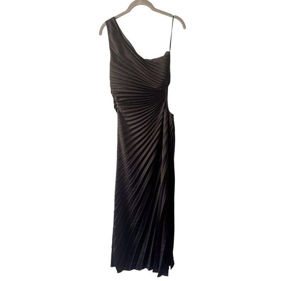 NWT Delfi Collective Solie Pleated One-Shoulder Cutout Sheath Gown Black Maxi - Picture 7 of 8